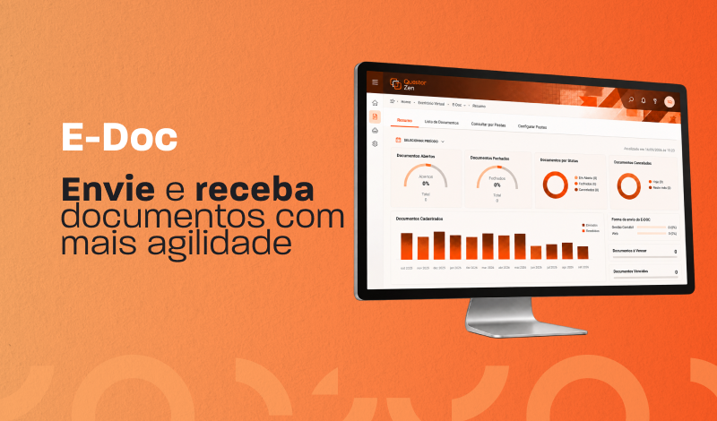 E-Doc em destaque ao lado de um computador exibindo um painel de gestão de documentos com categorias e gráficos, em fundo laranja vibrante.