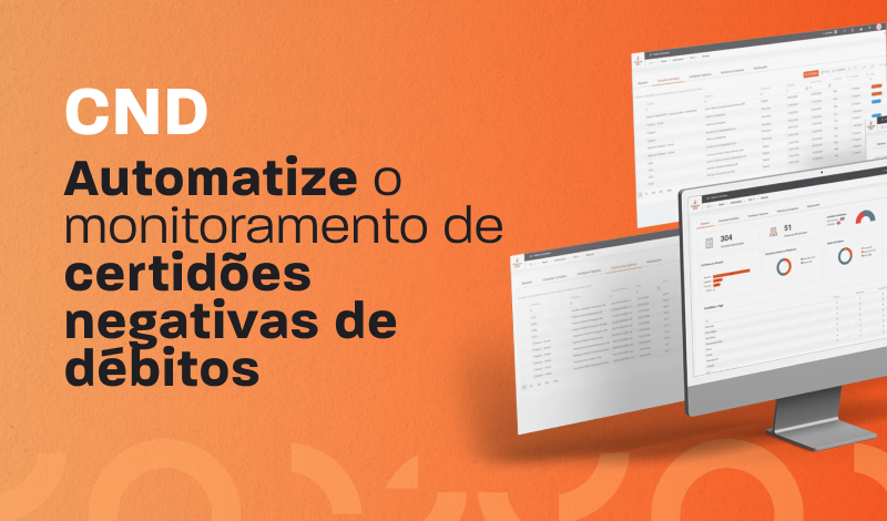 CN D Automação apresenta o monitoramento de certidões negativas de débito com painéis e relatórios em computadores, incluindo gráficos e listas de status.