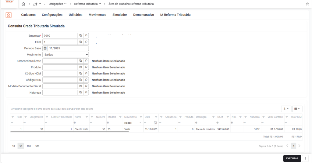 Consulta da grade tributária simulada com projeção de IBS, CBS e valores fiscais por período