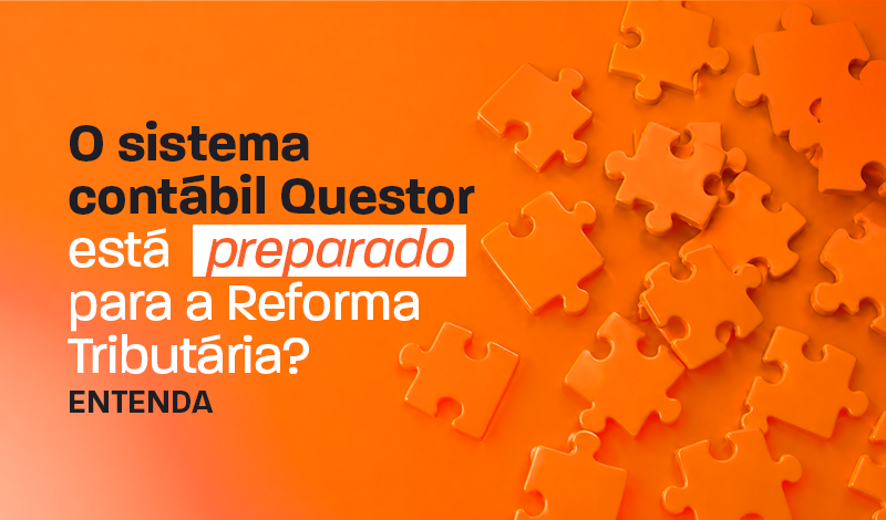 Imagem com peças de quebra-cabeça laranja, representando a preparação do sistema contábil Questor para a Reforma Tributária.