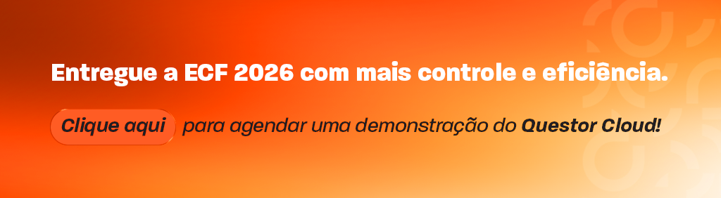 Banner laranja e bege com a frase “Entregue a ECF 2026 com mais controle e eficiência” e chamada para agendar demonstração do Questor Cloud, com botão “Clique aqui”.
