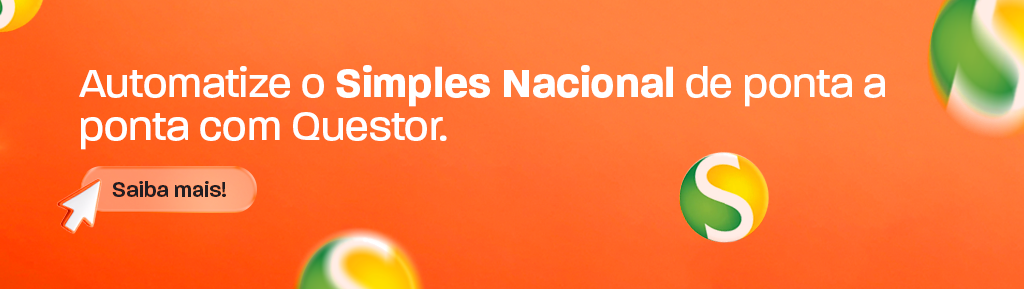 Banner com fundo laranja e texto “Automatize o Simples Nacional de ponta a ponta com Questor.”, botão “Saiba mais!” e elementos visuais em moedas com o símbolo de dólar.Banner com fundo laranja e texto “Automatize o Simples Nacional de ponta a ponta com Questor.”, botão “Saiba mais!” e elementos visuais em moedas com o símbolo de dólar.