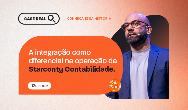 Layout de case real com imagem de um palestrante usando headset e mensagem: “A integração como diferencial na operação da Starconty Contabilidade”, com botões e marca Questor.