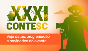 Banner do evento de conteúdo com a palavra “CONTESC”, texto “Veja datas, programação e novidades do evento” e ilustração de um apresentador com chapéu e fone de ouvido em um cenário colorido.