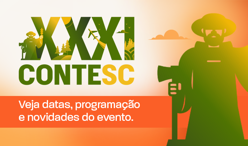 Banner do evento de conteúdo com a palavra “CONTESC”, texto “Veja datas, programação e novidades do evento” e ilustração de um apresentador com chapéu e fone de ouvido em um cenário colorido.
