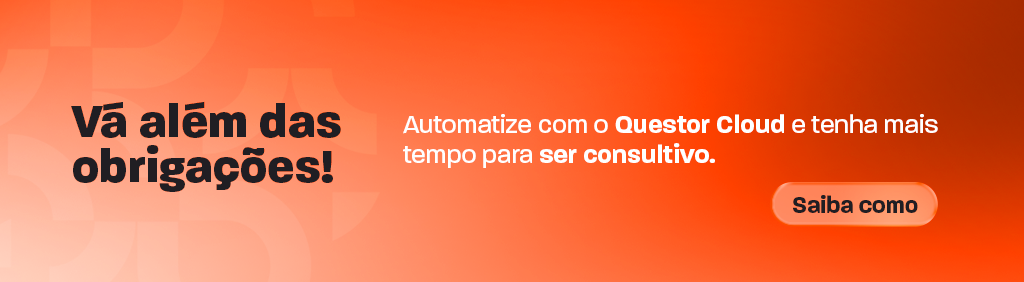 Banner laranja com texto “Vá além das obrigações!”, mensagem sobre automatizar com o Questor Cloud e botão “Saiba como”.