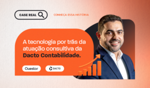 Imagem de capa de marketing da Dacto Contabilidade com chamada “A tecnologia por três da atuação consultiva da Dacto Contabilidade”, ícone de busca e gráfico de crescimento, com foto de um homem sorrindo ao lado.