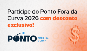 Banner de divulgação do Ponto Fora da Curva 2026 com desconto exclusivo, fundo claro com textura e logotipo PONTO For a da Curva em destaque.