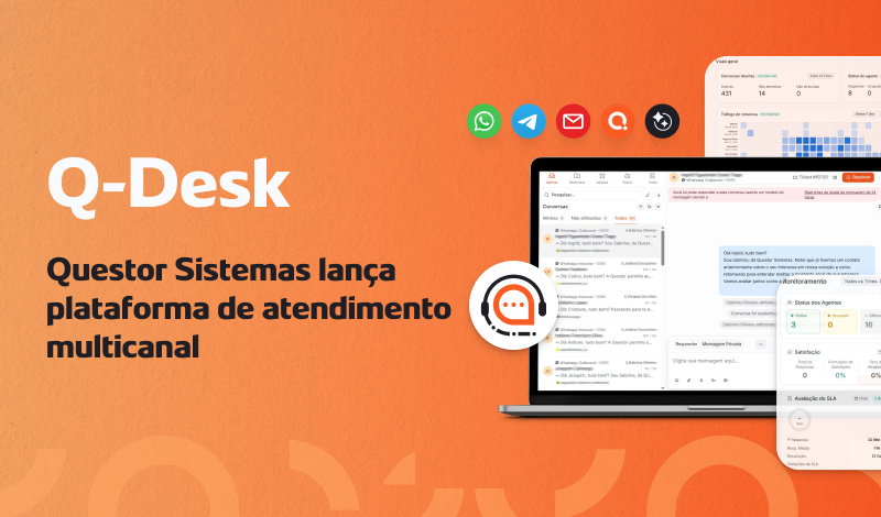 Imagem de divulgação da Q-Desk com a frase “Questor Sistemas lança plataforma de atendimento multicanal”, mostrando um notebook com interface de atendimento e ícones de comunicação, fundo laranja.